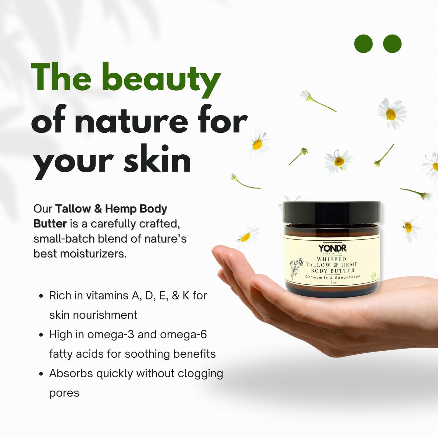 Yondr Natural Tallow & Hemp Body Butter – Whipped Grass‑Fed Tallow + Hemp Seed Butter – Calming Chamomile/Sandalwood/Lavender – Deep Hydration for Dry & Sensitive Skin (2 oz)