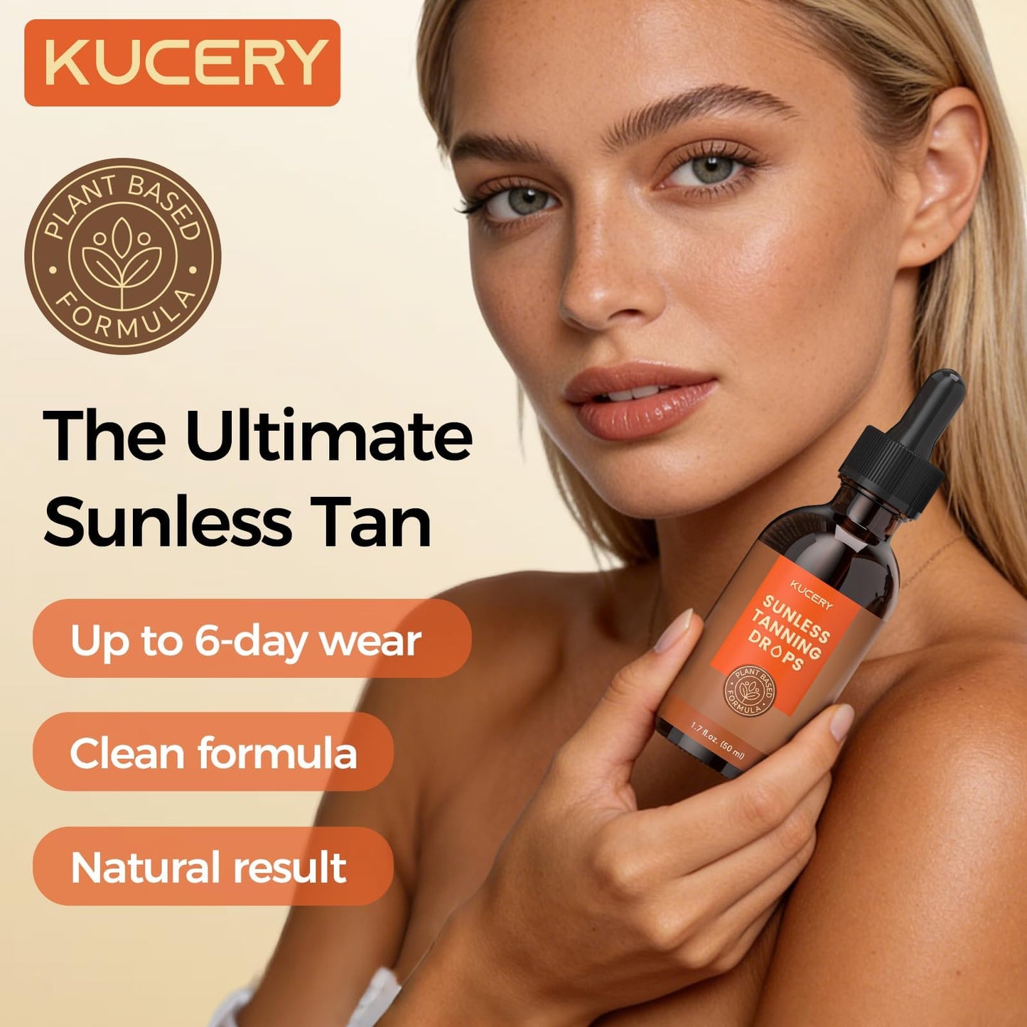 KUCERY Plant-Based Sunless Tanning Drops for Face & Body | Customizable Streak-Free Bronzing Serum with Natural Botanical Ingredients, Buildable Self-Tan Glow, 1.7 fl oz (50ml)