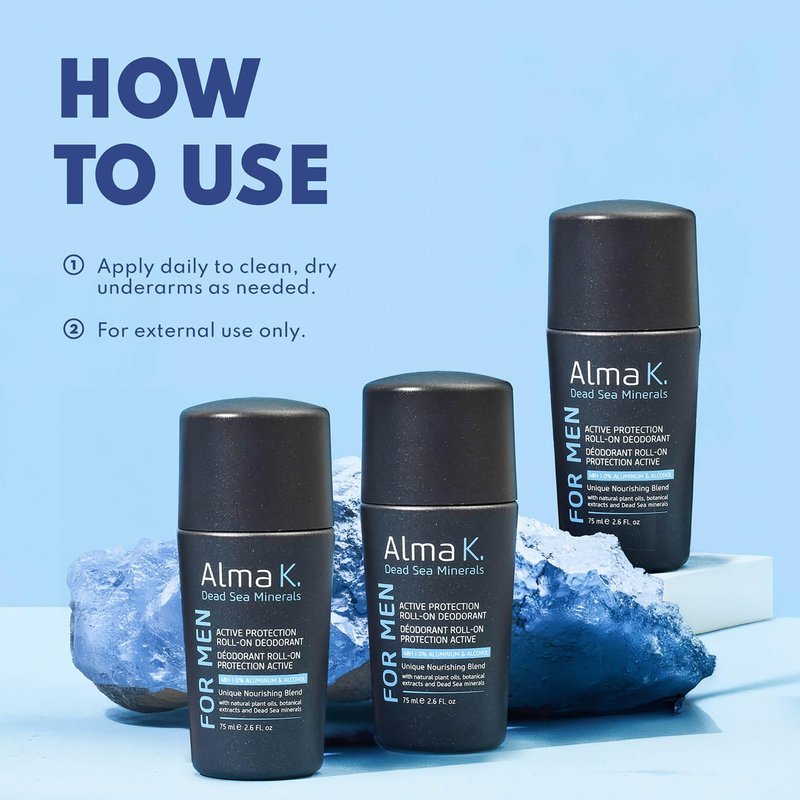 Alma K Active Protection Roll On Deodorant - Men's Deodorant - Aluminum Free Deodorant for Men - Alcohol-Free Deodorant for Sensitive Skin - 2.6 oz