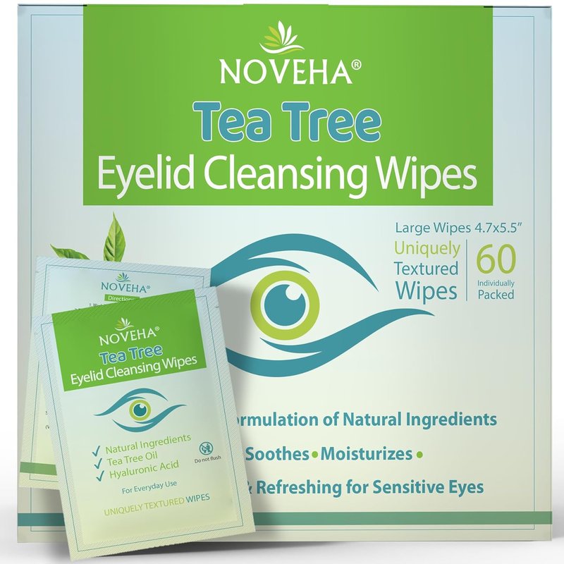 NOVEHA Tea Tree Oil Eyelid & Lash Wipes - Hyaluronic Acid, Green Tea & Chamomile | 60 Individually Wrapped Cleansers for Itchy Eyes