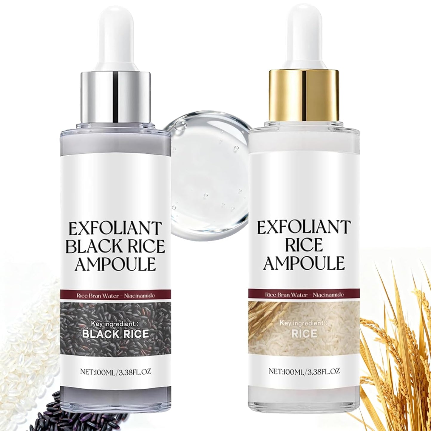Glow Rice Ampoule Duo | Gentle Exfoliating Rice Peel for Face & Body - 2PCS, White & Black Rice, Hydrating Formula