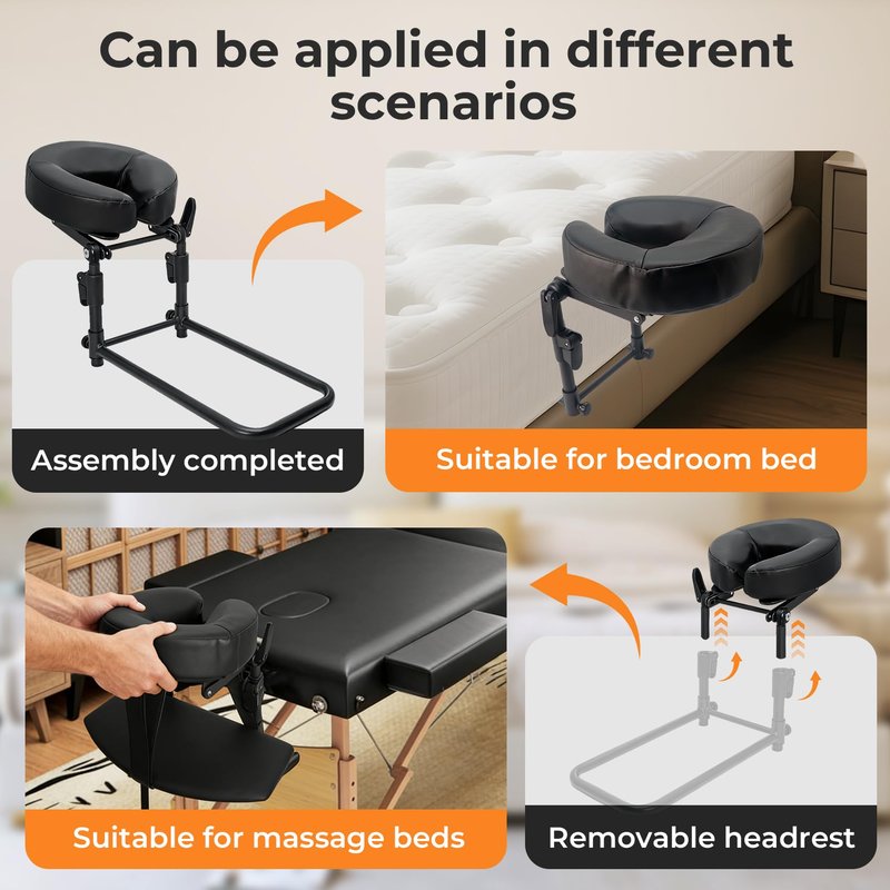 Massage Headrest for Bed with Arm Rest,Adjustable Face Cradle for Home Massage Kit,Portable Bed Massage Head Holder & Face Down Pillow After Eye Surgery,With Pillow Covers (Fabric & PU Leather),Black