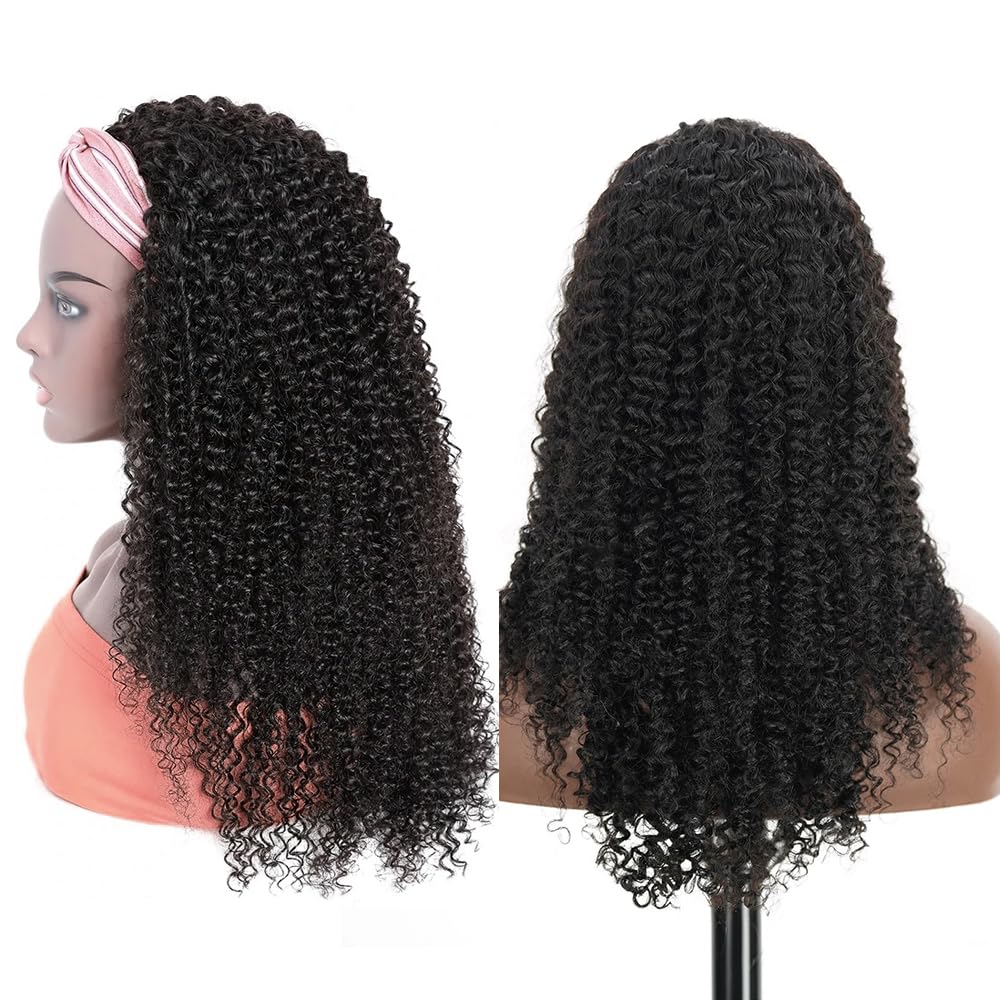 Headband Wig - Human Hair Kinky Curly 12 Inch | Glueless Brazilian Wig for Black Women, 150% Density, Natural Color