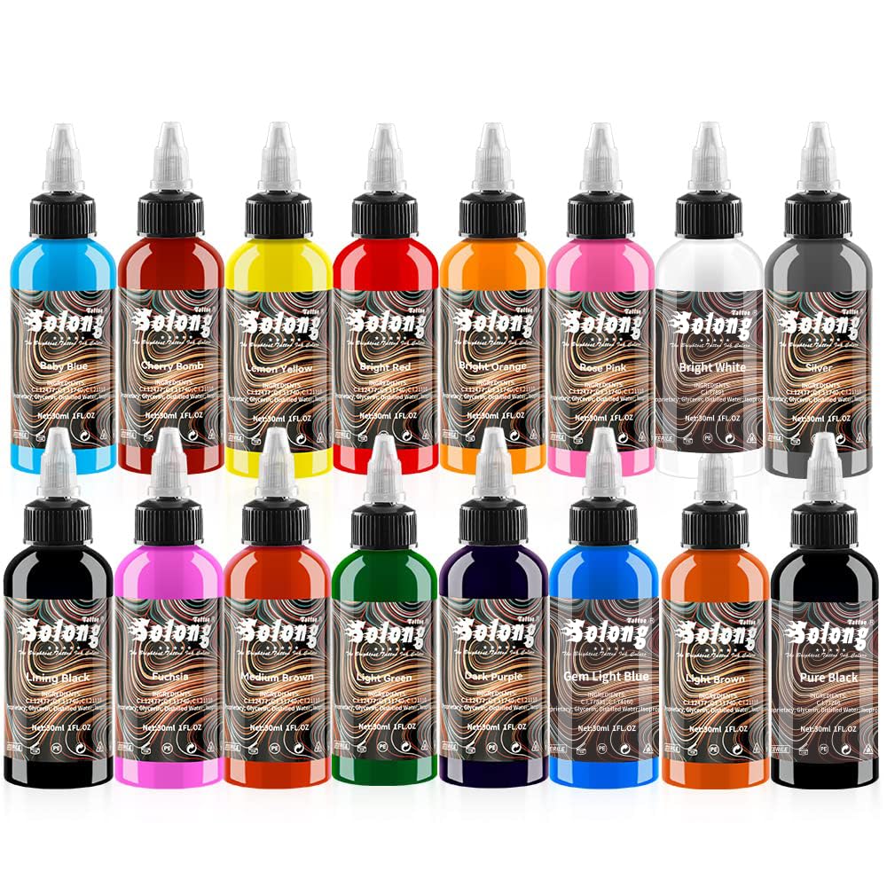 Tattoo Ink Color Set - 16PCS 1oz (30ml) Pigment Kit for Professional Tattooing | Vibrant Colors