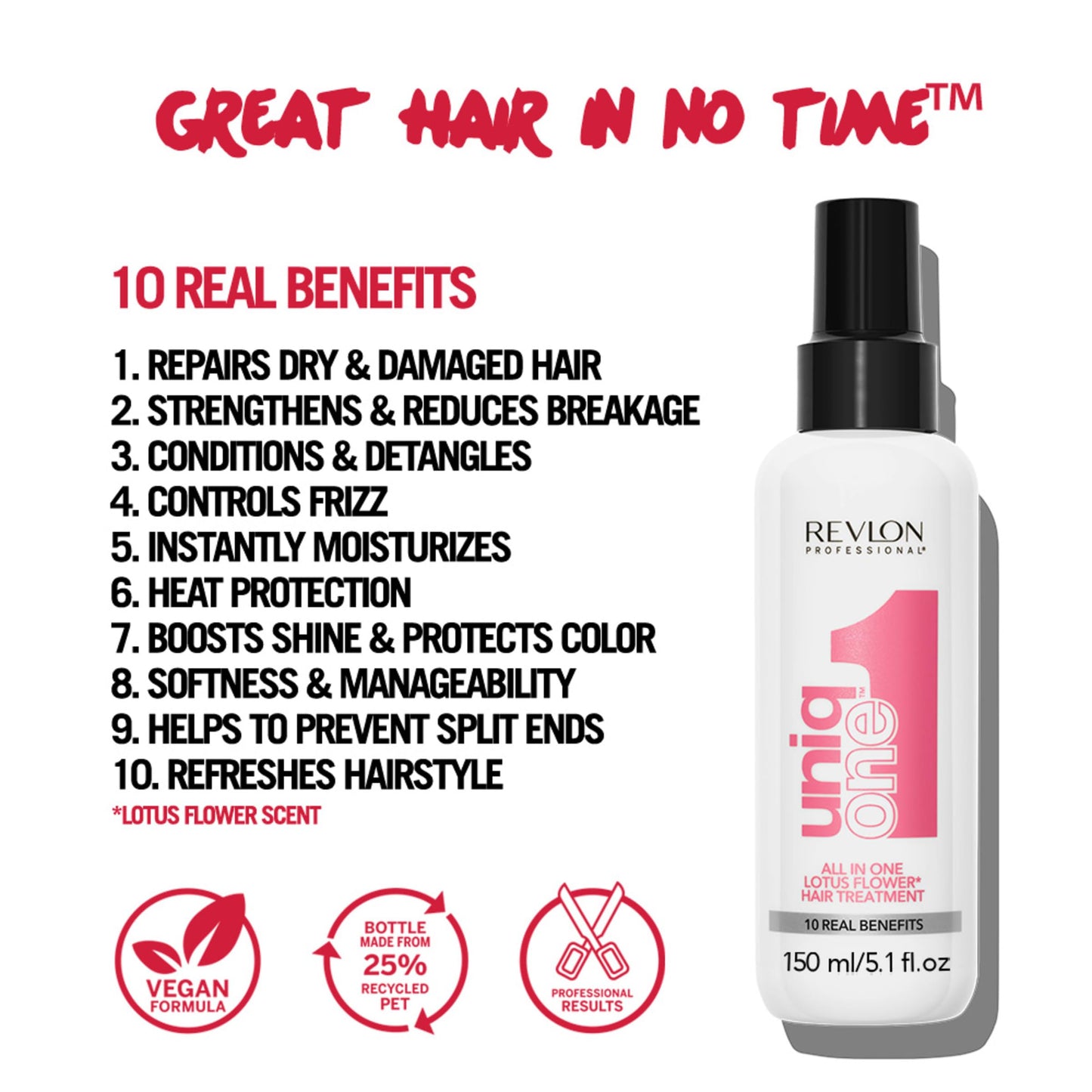REVLON PROFESSIONAL UniqOne 10-in-1 Hair Treatment, Frizz Control, Heat Protection, Repair for Dry Damaged Hair, All Hair Types, Vegan, Lotus Flower, 5.1 fl oz