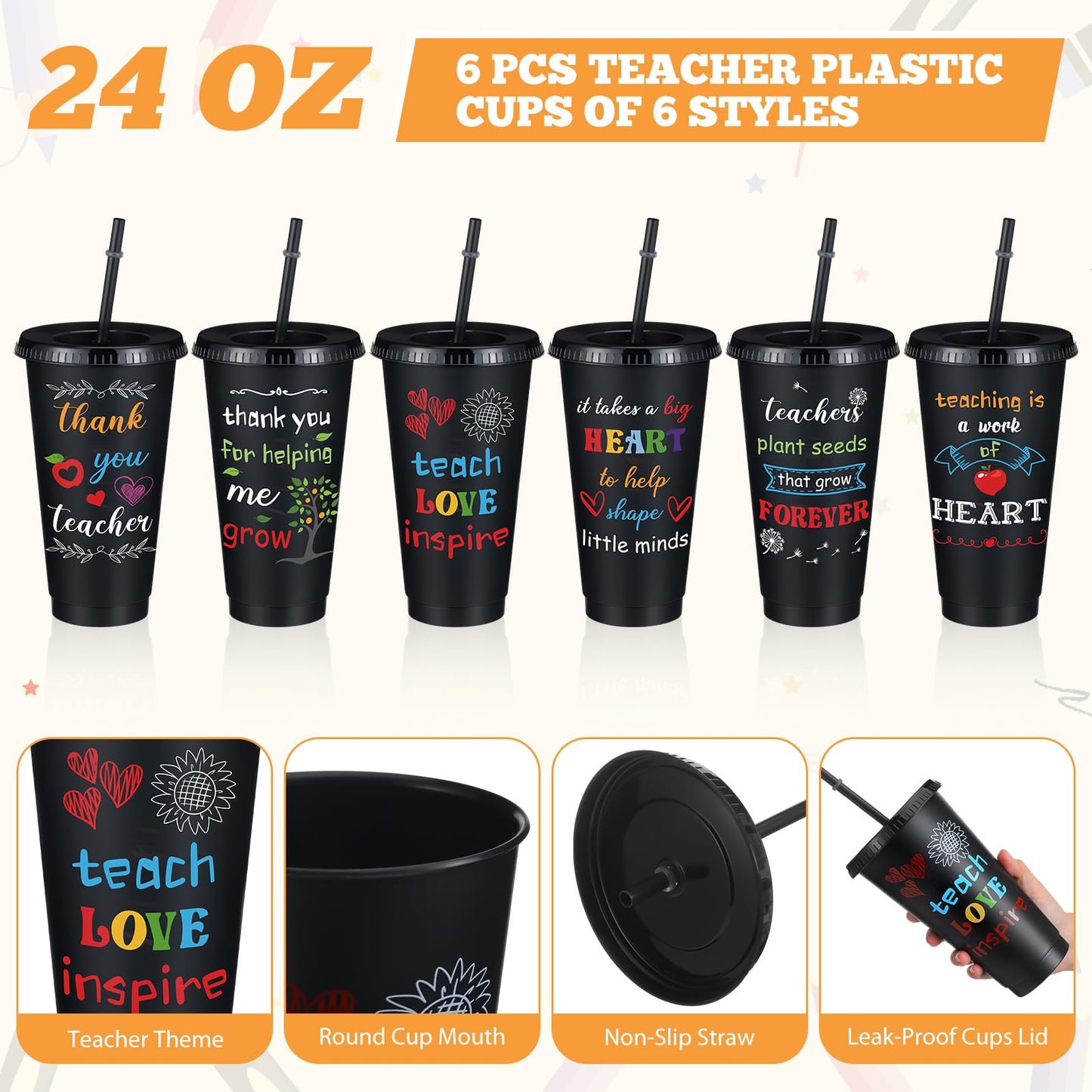 Funnymoom 24 Pcs Teacher Appreciation Week Gifts Bulk Set 2026 End of Year Thank You Gifts Bulk 24 oz Black Plastic Tumbler Cup Makeup Cosmetic Bag Crew Sock Keychain for Retirement School Staff Team