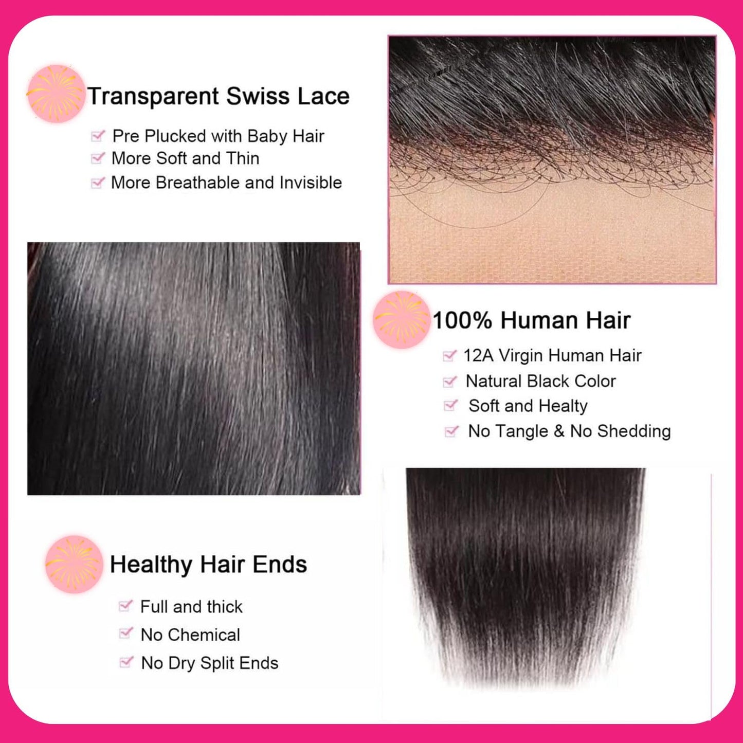2x6 Frontal Hd Lace Closure Human Hair Middle part Invisible Skinlike Hd Lace, Bleached Knot Pre-Plucked 2 by 6 Lace Frontal Closure, 16 Inch Straight Human Hair Closure With Baby Hair Natural black