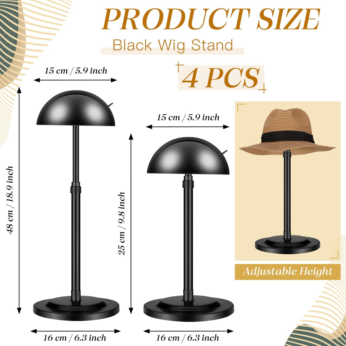 Tatuo 4 Pcs Wig Stand, 9.8-18.9" Adjustable Hat Stand for Display Portable Wig Head Holder for Multiple Travel Styling DIY Head for All Wigs Travel Wigs Hair Stylist Gift Non Slip Stable(Black)