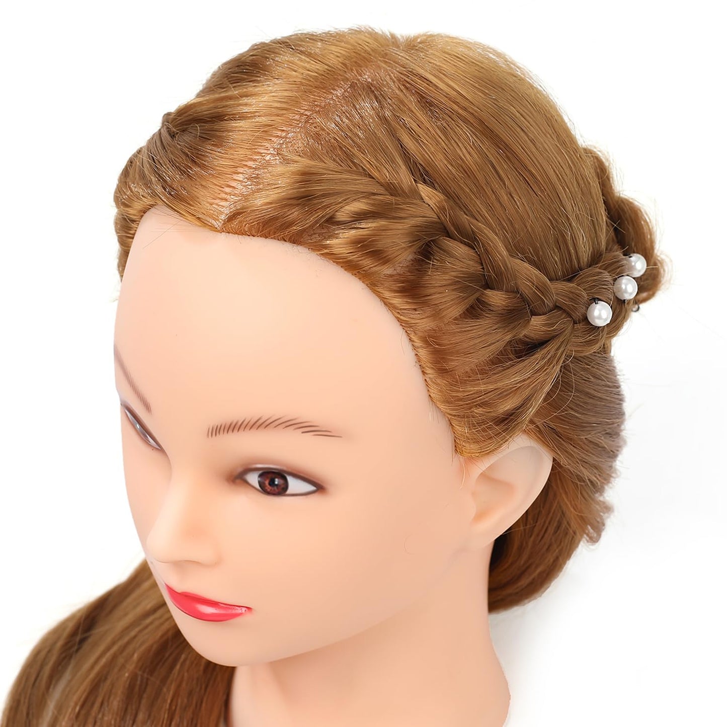 26"-28" Long Hair Mannequin Head with 60% Real Hair, Hairdresser Practice Training Head Cosmetology Manikin Doll Head with 9 Tools and Clamp - #27 Golden, Makeup On