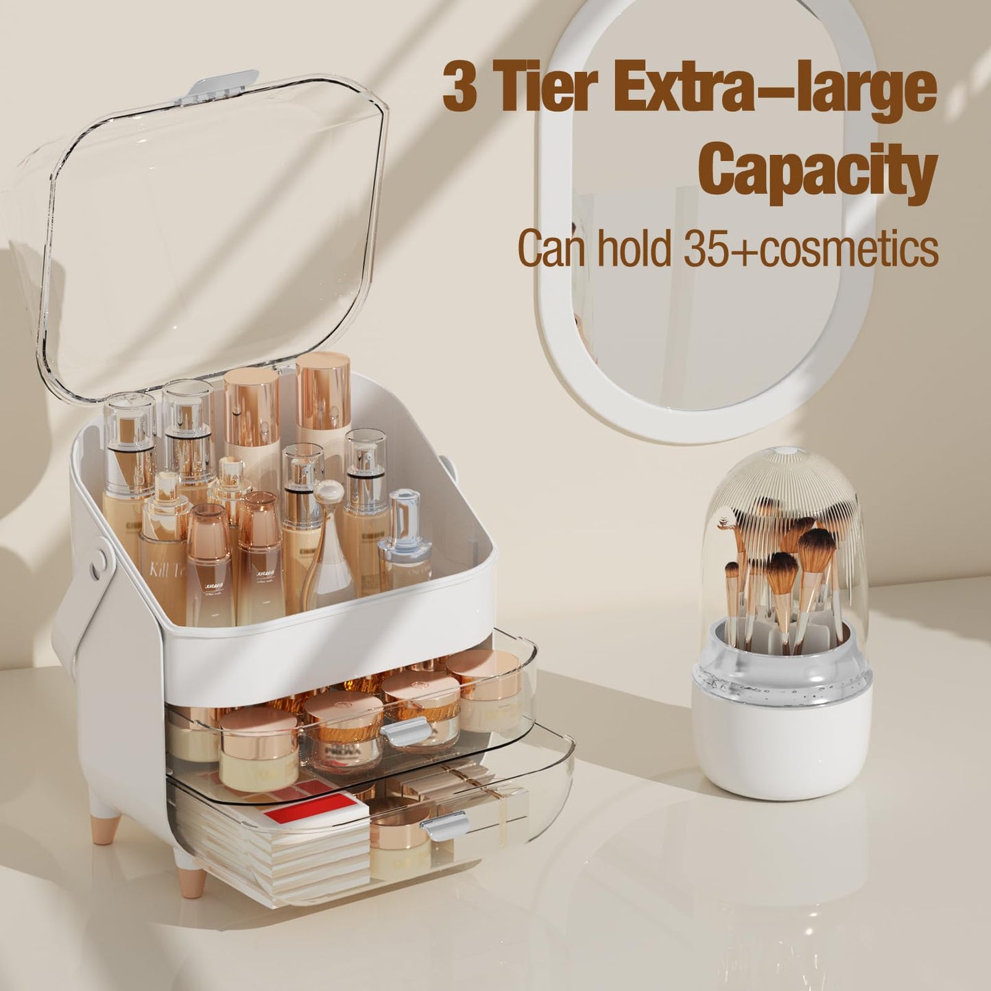 CLBDRESS Makeup Organizer Countertop & 360° Rotating Makeup Brush Holder, Skincare Holder with Lid and Drawers, Storage Box Cosmetic Display Cases, Teen Girl Gifts, Vanity, Bathroom Counter, Silver