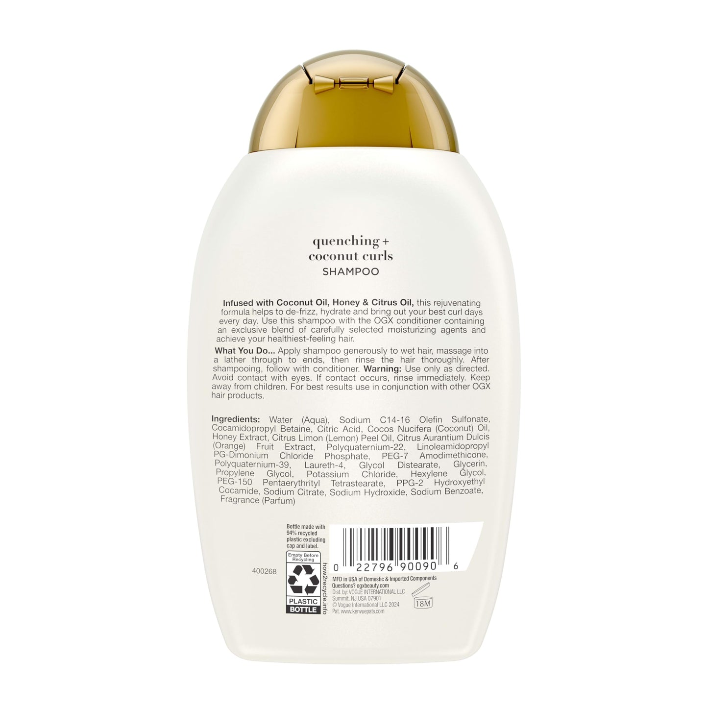 OGX Quenching + Coconut, Curl-Defining Shampoo, Hydrating & Nourishing Curly Hair Shampoo with Coconut Oil, Citrus Oil & Honey, Paraben, Sulfate-Free Surfactants, 13 floz