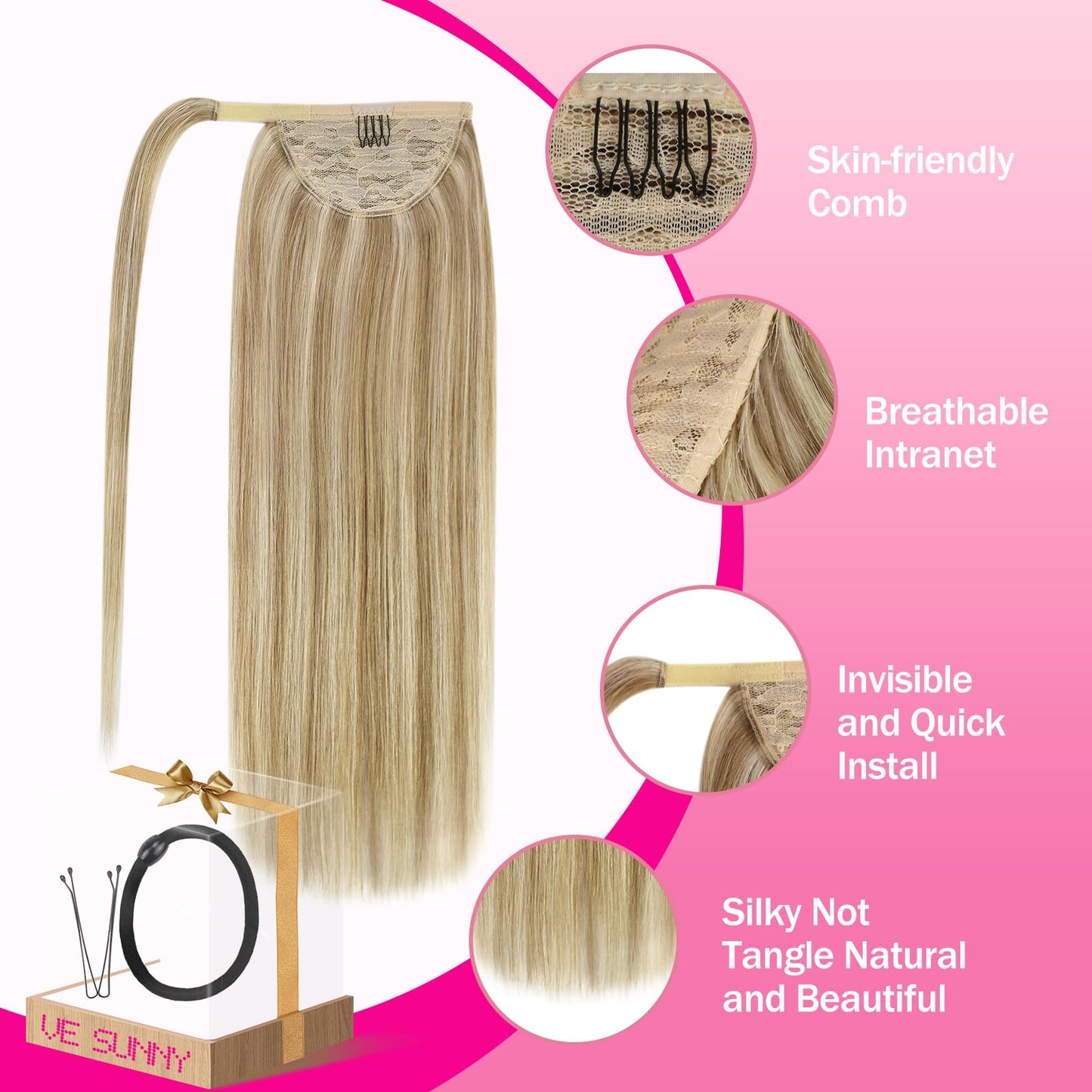 Ve Sunny Blonde Ponytail Extension Human Hair 80g Wrap Around Clip in Ponytail Hair Extensions Straight Dark Blonde Highlights Golden Blonde Remy Hair Extensions Real Human Hair for Women 14 Inch