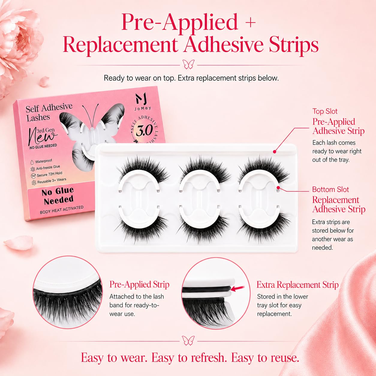 JOMAY Self Adhesive Eyelashes, Pre-Glued No Glue Needed Lashes, Reusable Up to 5x 3D Super Fluffy Wispy Cat Eye False Lashes, Easy Press-On Strip Lashes, 3 Pairs, Dream Girl
