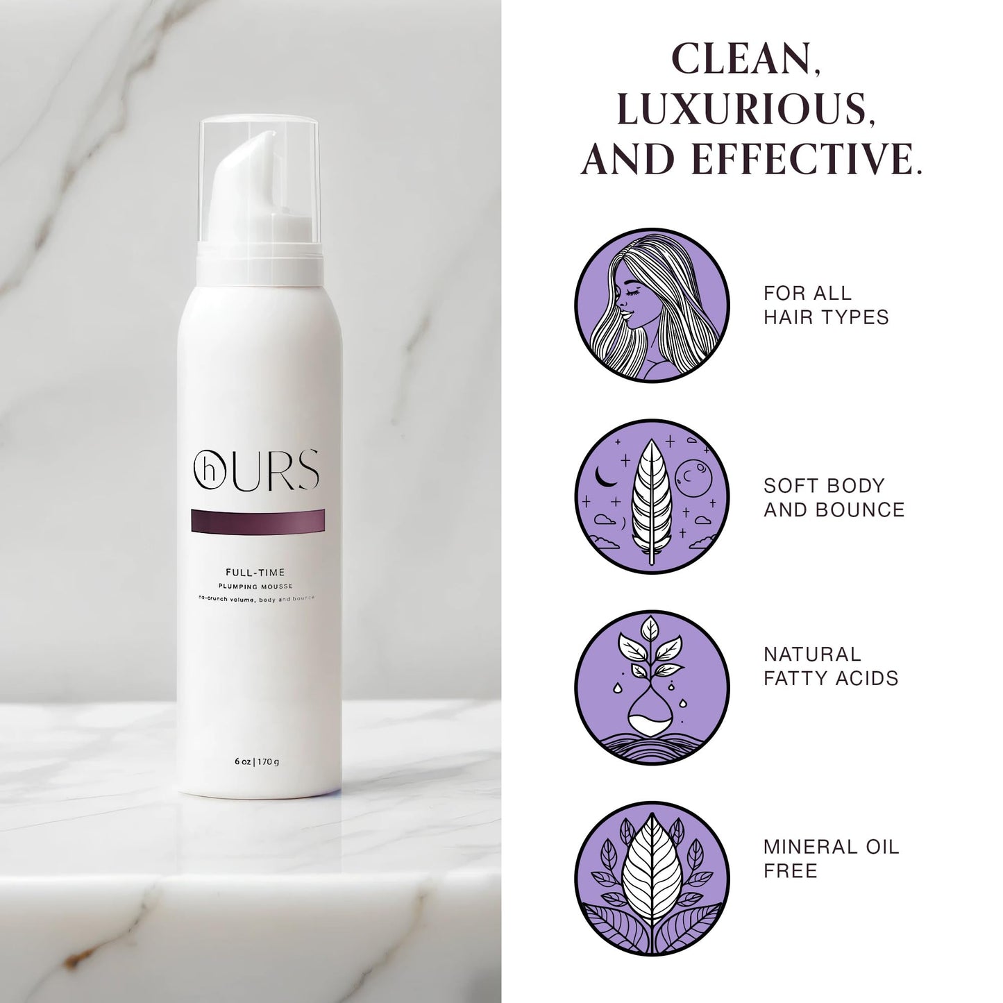 hOURS haircare Full-Time Plumping Mousse for Women | Professional Volumizing No Crunch Foam Long-lasting Volume Body & Bounce | Sulfate, Paraben, & Cruelty Free, Award-Winning Styling Product | 6 oz