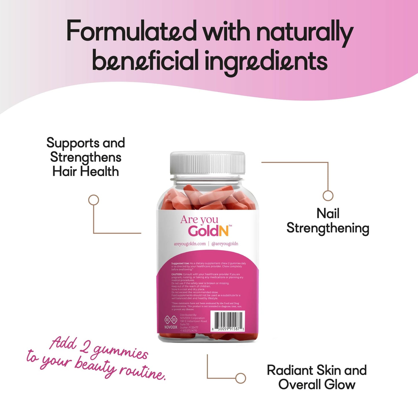 GoldN™ Hair, Skin & Nails Premium Gummies with Collagen | 2,500 mcg Biotin, Fish Collagen, Vitamins A, C, D, E & Zinc | Non-GMO, Allergen-Free | Raspberry Flavor | 60 Gummies (30-Day Supply)