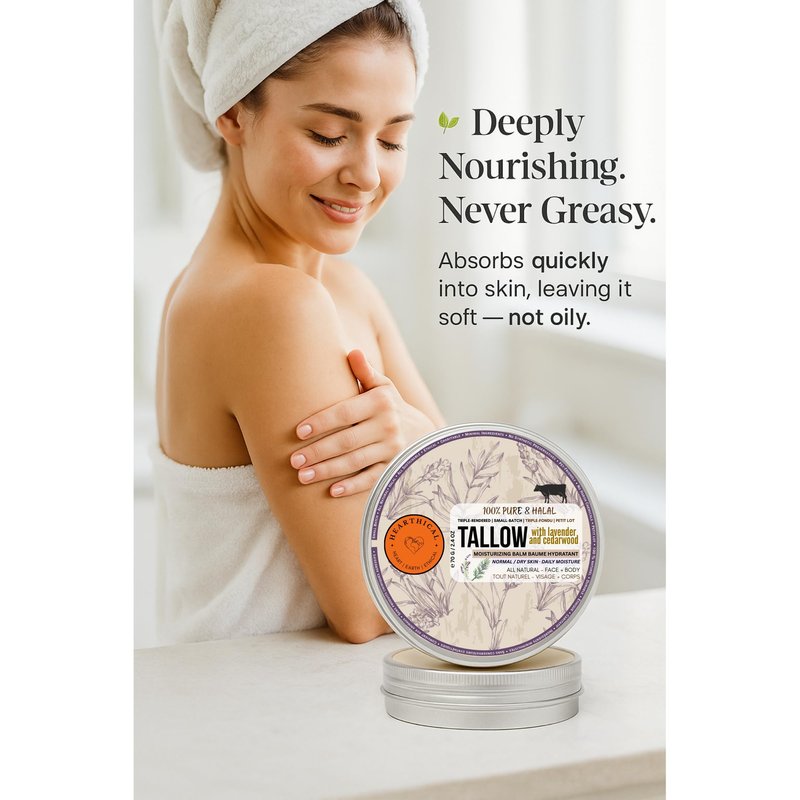 Hearthical Halal Grass Fed Beef Tallow For Skin – 70g Organic Beef Tallow Moisturizer – Beef Tallow Face Moisturizer & Beef Tallow Face Cream – Pure Beef Tallow Balm with Lavender & Cedarwood