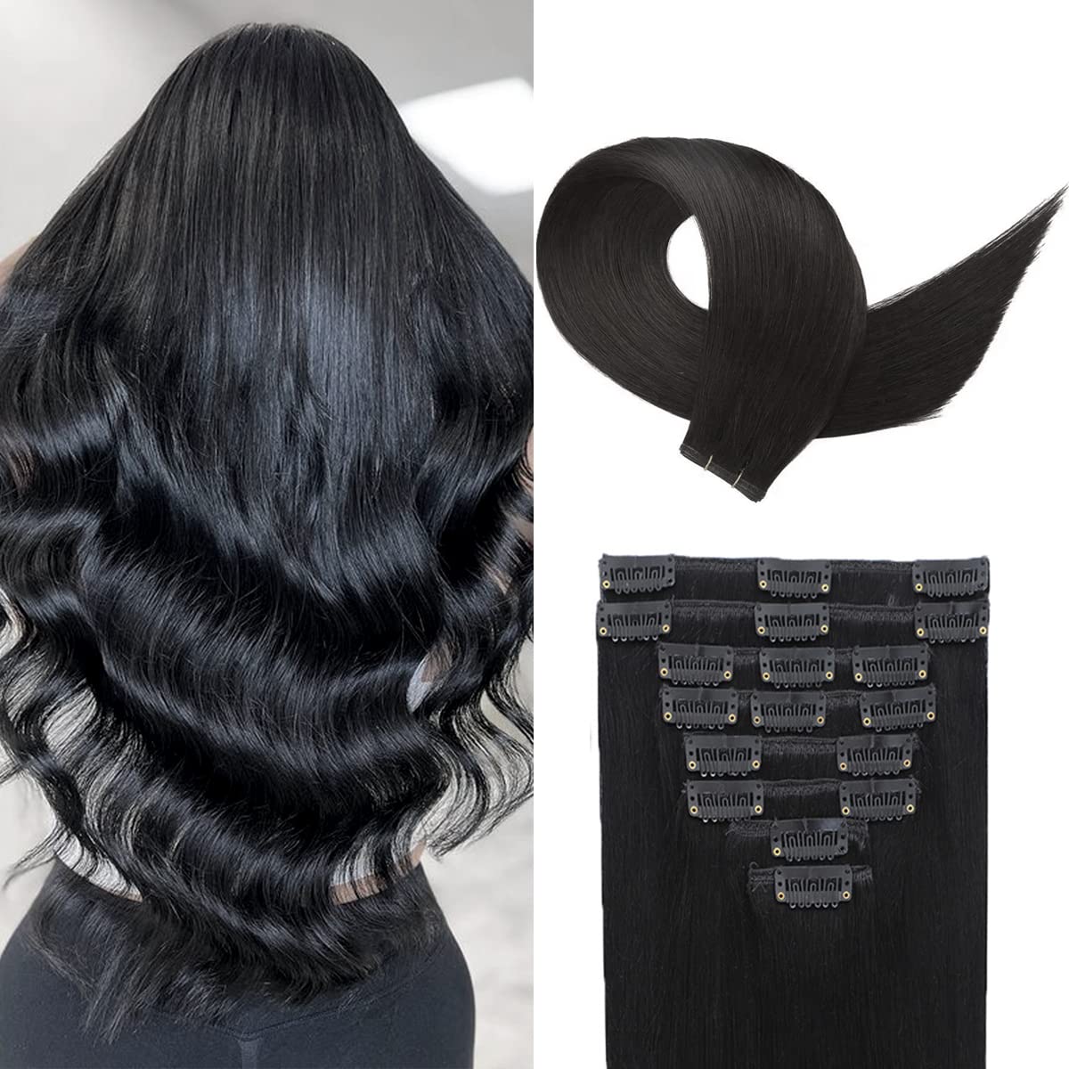 Clip in Hair Extensions,120g/7Pcs Human Hair Clip in Extensions Brazilian Virgin Human Hair Extensions for Women Straight Natural Black Seamless Invisible Hair Extensions Clip ins Double Weft 14 Inch