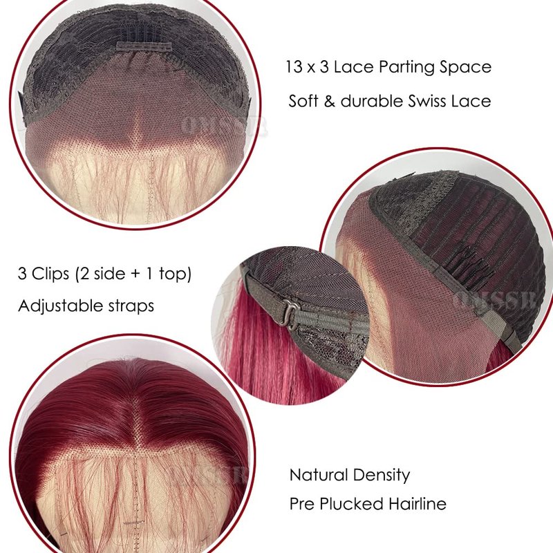 QMSSR Burgundy Red Lace Front Wig Long Straight Synthetic Lace Front Wigs for Women Glueless 13x3 Lace Heat Resistant Fiber Hair Wig Natural Hairline Baby Hair