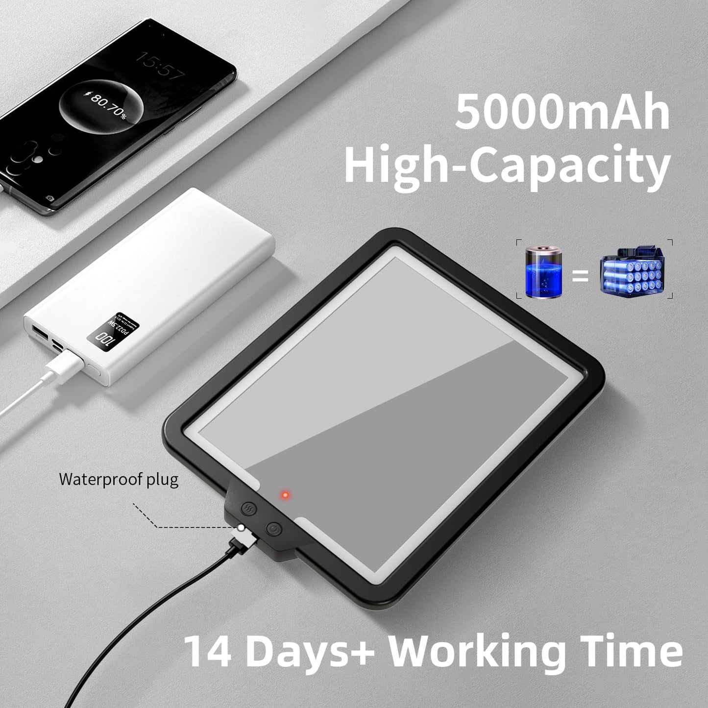 Suupvaor Heated Shower Mirror Fogless for Shaving, Fog Free Large 9.5 * 7inch Shower Shaving Mirror with Light, Rechargeable Anti-Fog Shower Mirror with Storage Tray & Razor Holders