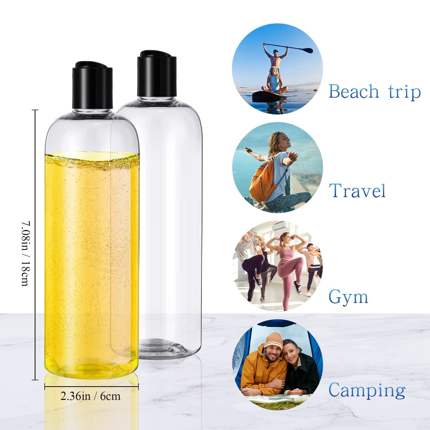 Nuenen 16 oz 24 Pcs Plastic Empty Bottles Squeeze Travel Containers with Black Disc Cap Refillable Shampoo Travel Bottles for Toiletries Lotion Container for Body Soap Cream (Clear)