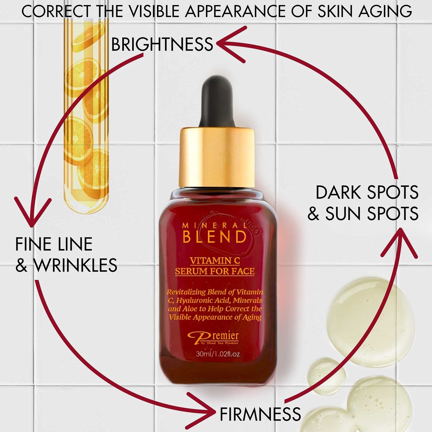 Vitamin C Facial Serum with Hyaluronic Acid & Rose Hips Oil – Cosmetic Face Serum, Mineral Blend by Premier Dead Sea, 1.02 fl oz
