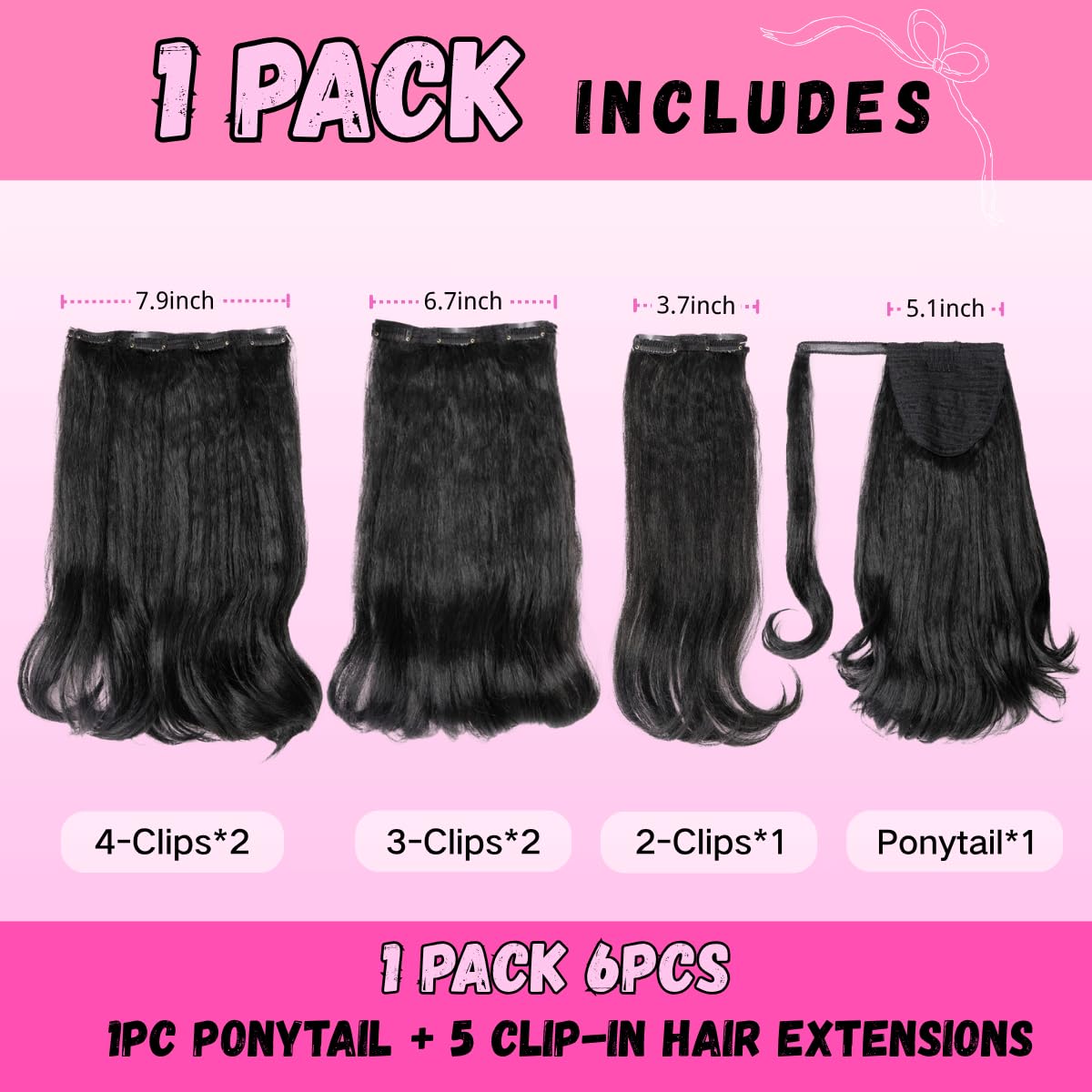 VAVANGA 6PCS Half Up Half Down Ponytail Set, 3 in 1 Kinky Straight Clip in Wrap Ponytail Hairpiece Black 16inch Long Thick Yaki Pony Tail with Clip in Hair Pieces for Women - #1B, 16"