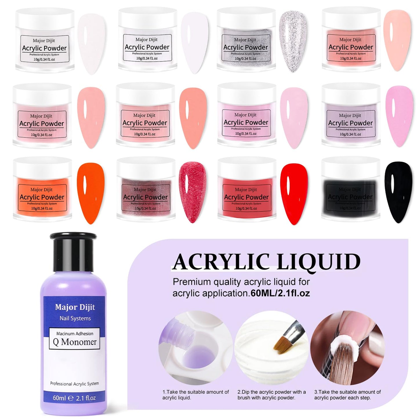 Major Dijit Complete Acrylic Nail Starter Kit with LED Lamp, 12 Colors Powder Acrylic Liquid Base/Top Coat Primer Electric Drill – DIY Nail Art Tools for Home & Salon