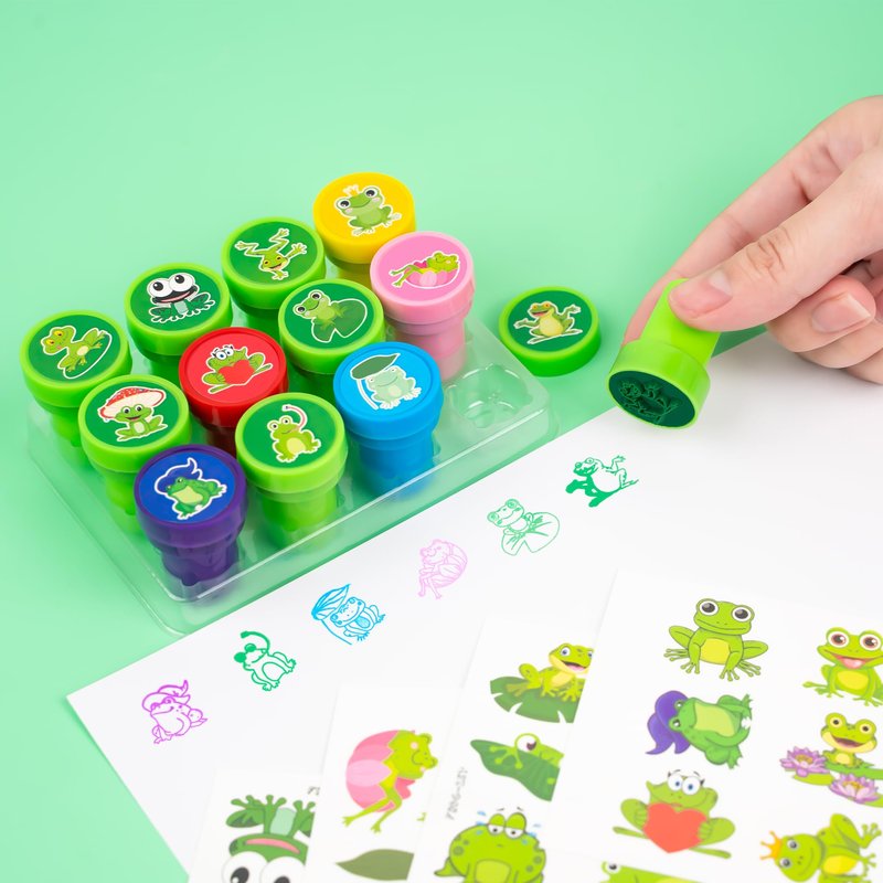 36PCS Frog Party Favors - 24PCS Pre-Cut Temporary Tattoos & 12PCS Stamps - Ideal Animal Frog Princess Themed Birthday Card Decorations Supplies Goodie Bag Cute Rewards for Boys Girls Classroom Gifts