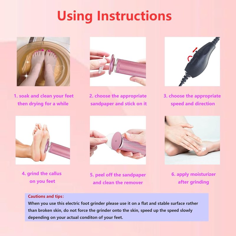 Electric Foot Callus Remover - 1200RPM Adjustable Speed | Aluminum File with 60 Sandpaper Discs - Pink