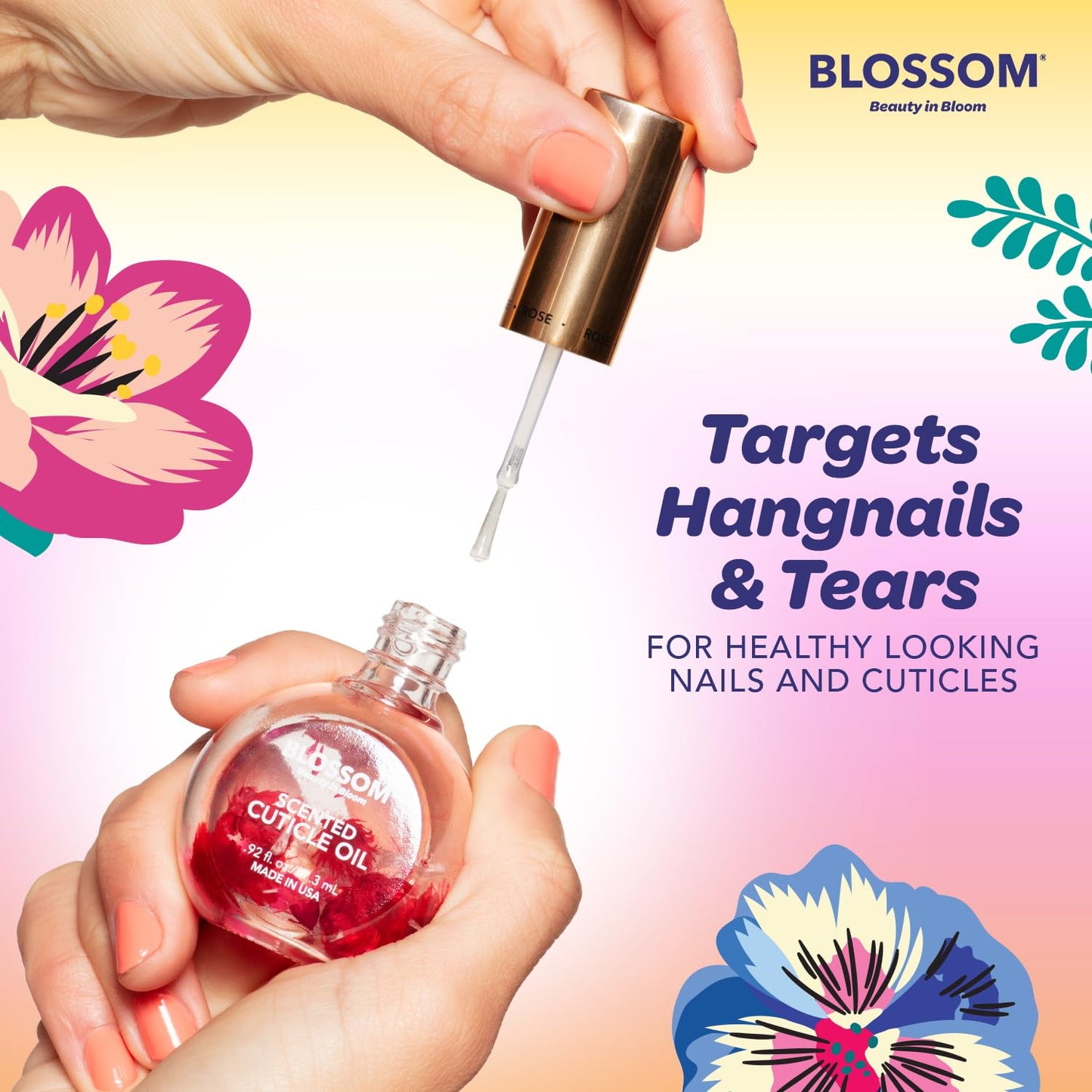 Blossom Hydrating, Moisturizing, Strengthening, Scented Cuticle Oil, Infused wtih Real Flowers, Made in USA, 1.84 fl oz, 2 Pack Bundle, Strawberry + Juicy Peach