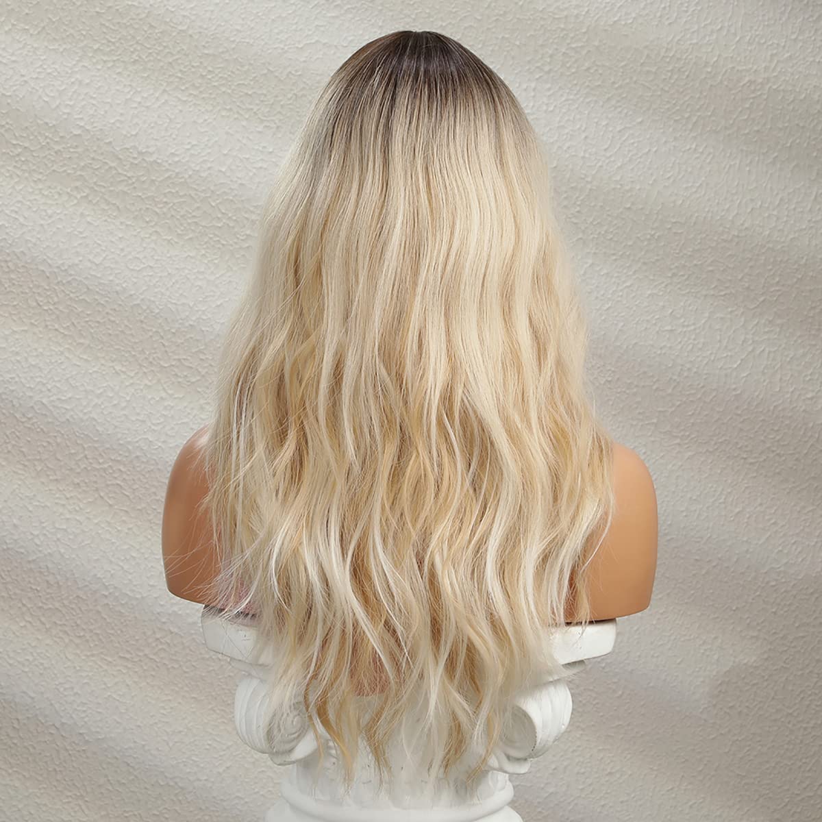 Long Blonde Wig with Bangs - Curly Wavy Synthetic Hair for Women | Mixed Blonde Color