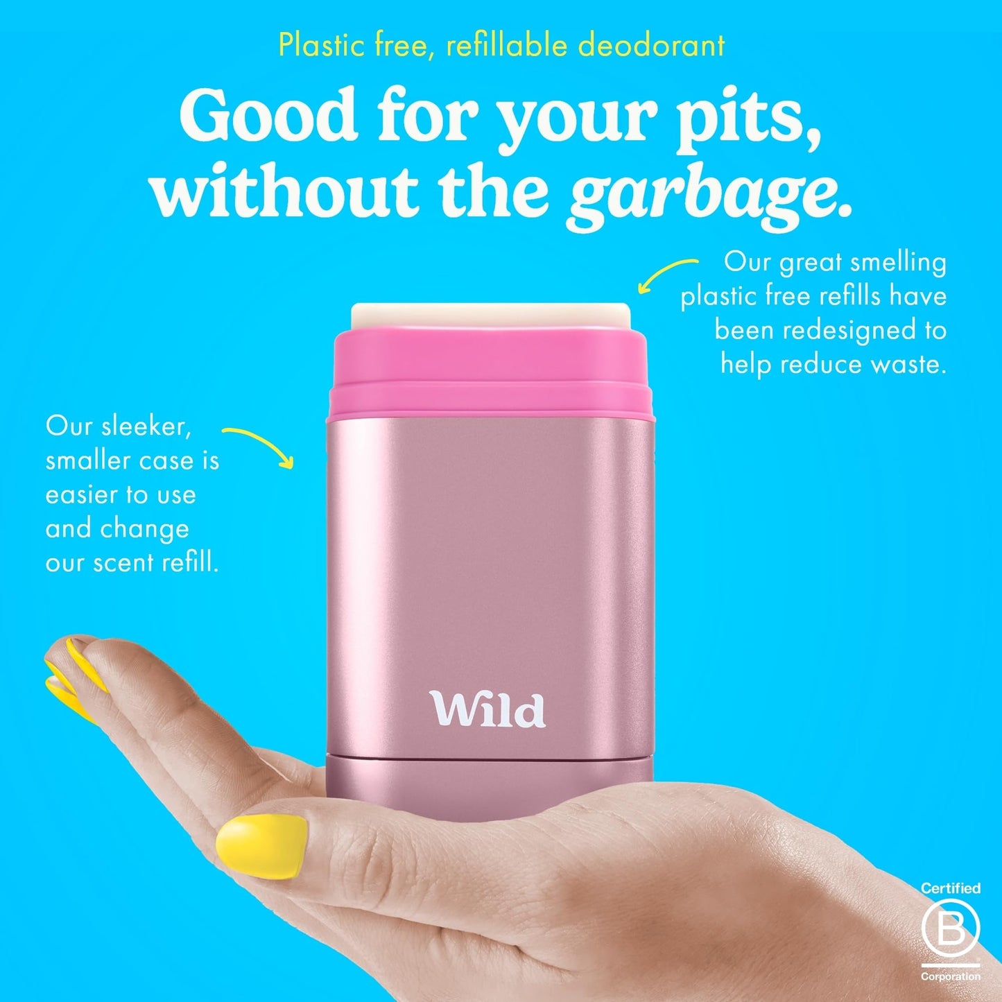 Wild Aluminum Free Natural Deodorant Starter Kit - Refillable Pink Case - Natural Ingredients & 24 Hour Odor Protection - Women's - Fresh Cotton and Sea Salt Scent - Case + 1 Refill