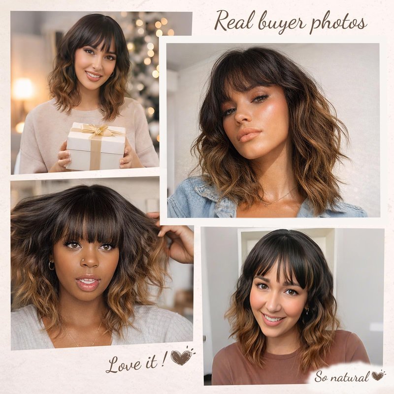 Nnzes Short Wavy Wig with Bangs for Women Shoulder Length Bob Curly Women's Charming Synthetic Wigs with Natural Wavy Black To Brown Heat Resistant Hair for Daily Party Use