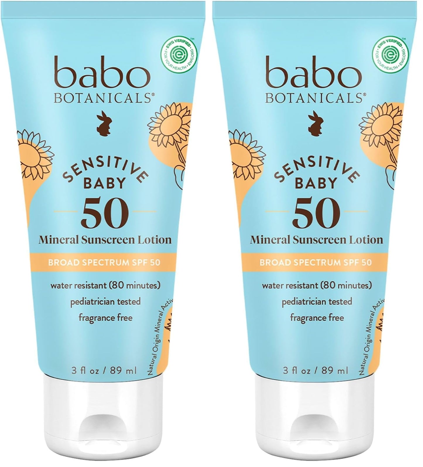 Babo Botanicals Sensitive Baby Mineral Sunscreen Lotion SPF50 Natural Zinc Oxide Face & Body Fragrance-Free WaterResistant - EWG Verified Vegan Extra Sensitive Skin For Babies & Kids (Pack of 2)