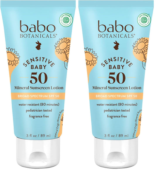 Babo Botanicals Sensitive Baby Mineral Sunscreen Lotion SPF50 Natural Zinc Oxide Face & Body Fragrance-Free WaterResistant - EWG Verified Vegan Extra Sensitive Skin For Babies & Kids (Pack of 2)