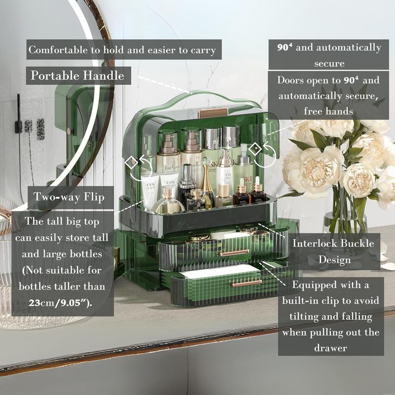 Cosmetics Storage Box - Large Transparent Makeup Organizer with Drawers | Waterproof & Dustproof Skincare Display Case in Clear Green