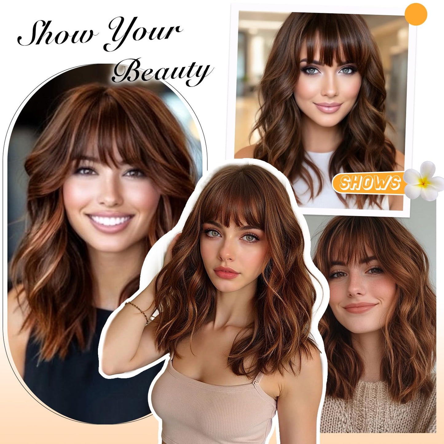 Short Bob Wavy Wig for Women - 18-Inch Highlight Brown Wig with Bangs | Shoulder-Length Hair for Halloween & Daily Wear