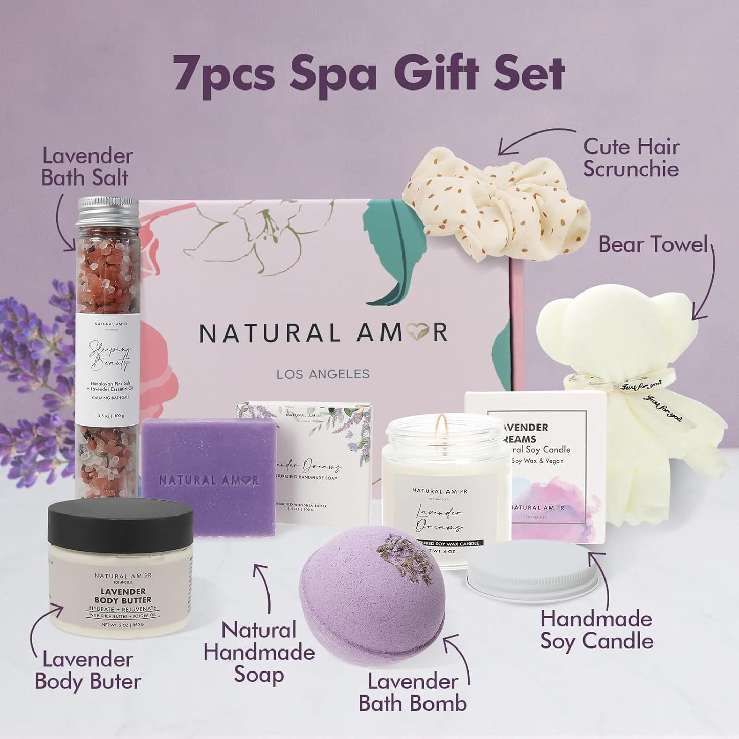 Lavender Spa Gift Set for Women - 7-Piece Self-Care Box with Handmade Soap, Candle & Bath Butter