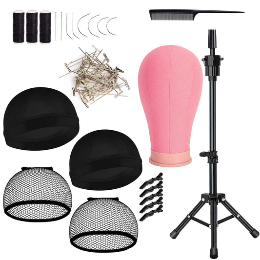 koskusder 22 Inch Wig Head Canvas Head with Stand Cork Canvas Mannequin Head with Wig Head Stand Manikin Head Block Set for Wigs Trimming Making Display with T Pins Set (Pink)