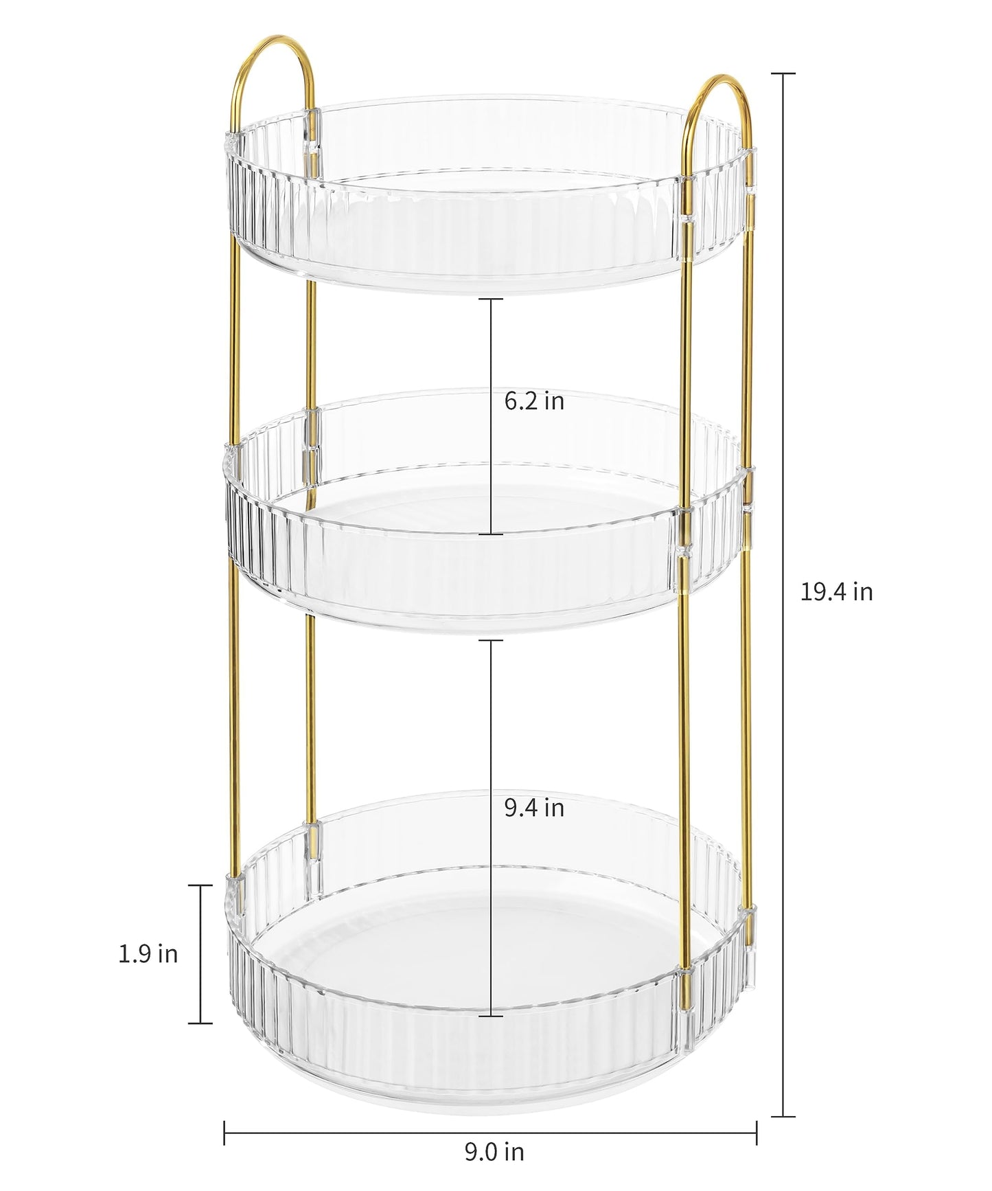 3-Tier Rotating Makeup Organizer, 360° Spinning Cosmetic Storage, 18.5" Height Clear Vanity Display with Gold Metal Frame