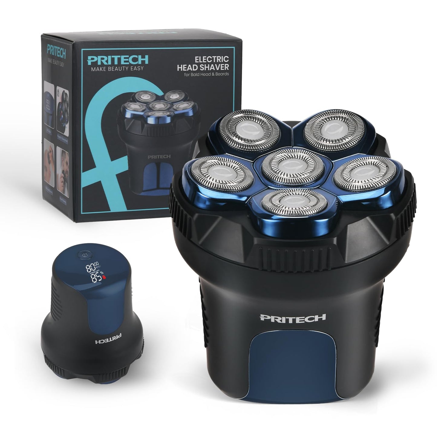 PRITECH Head Shaver for Bald Men - Effortless 6D Floating Shave,Electric Head Shavers for Men & Bald Head Shavers,Waterproof Cordless Razor for Smooth Scalp,Face & Perfect Beard,2-Speed,80Min Runtime