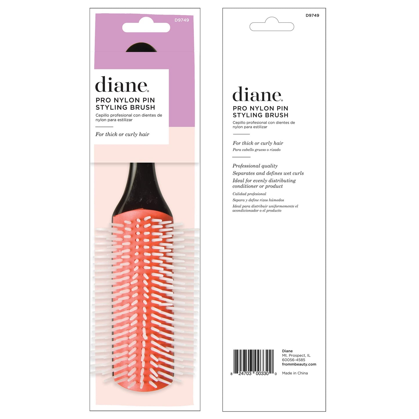Diane Pro Nylon Pin Styling Hair Brush for Detangling, Separating, Shaping and Defining Wet Thick or Curly Hair, Glides Through Tangles with Ease