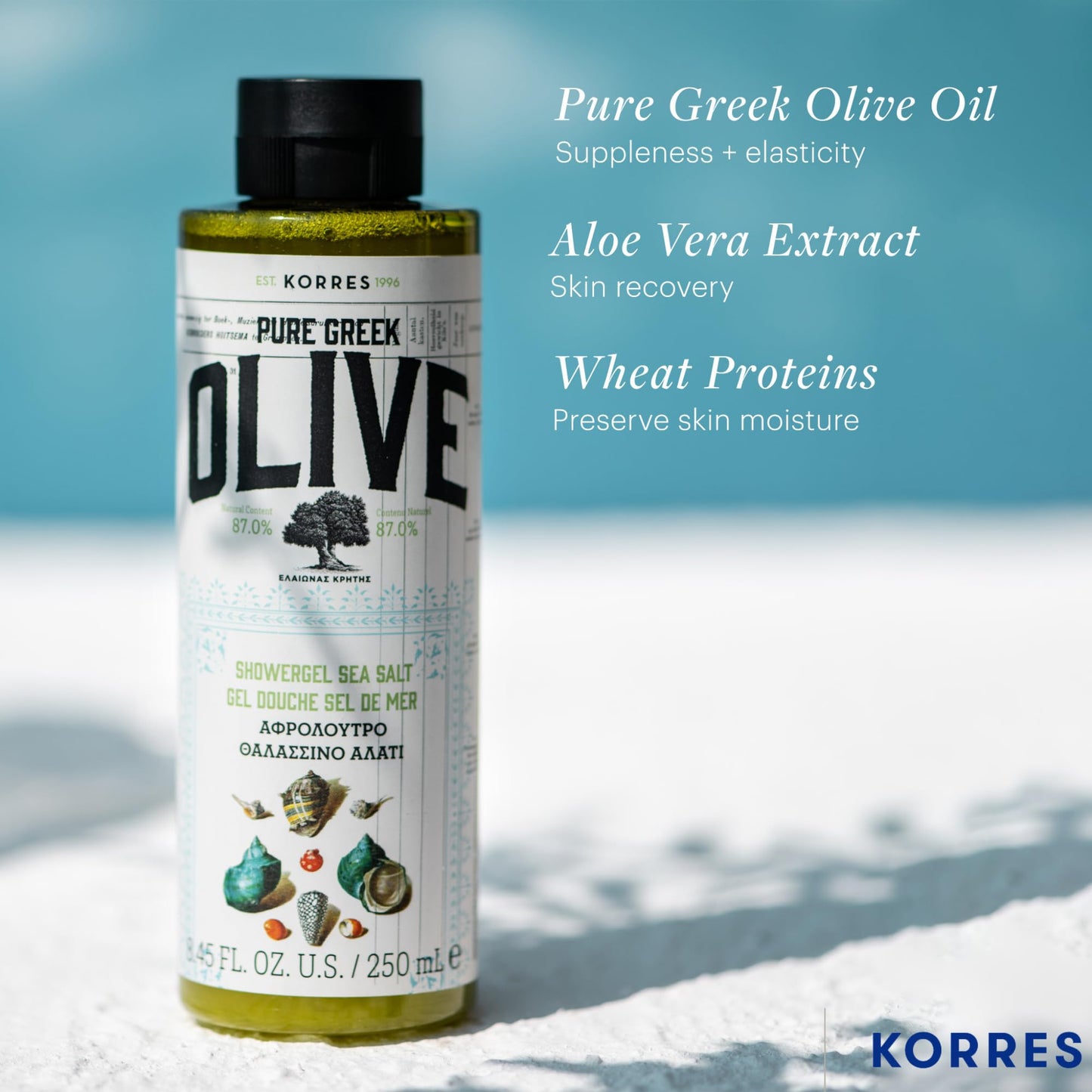 KORRES Olive Oil Shower Gel for Dry Skin, Moisturizing Body Wash Cleanser Made with Pure Greek Olive Oil, Hydrating and Nourishing Bath Soap for Smooth, Supple Skin, Sea Salt Scented, 8.45 fl oz