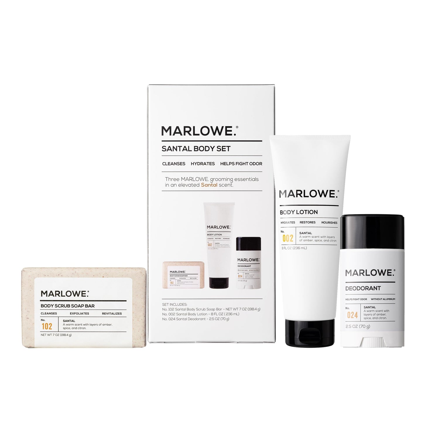 MARLOWE. Men's Santal Body Gift Set, Scrub Soap, Deodorant + Lotion