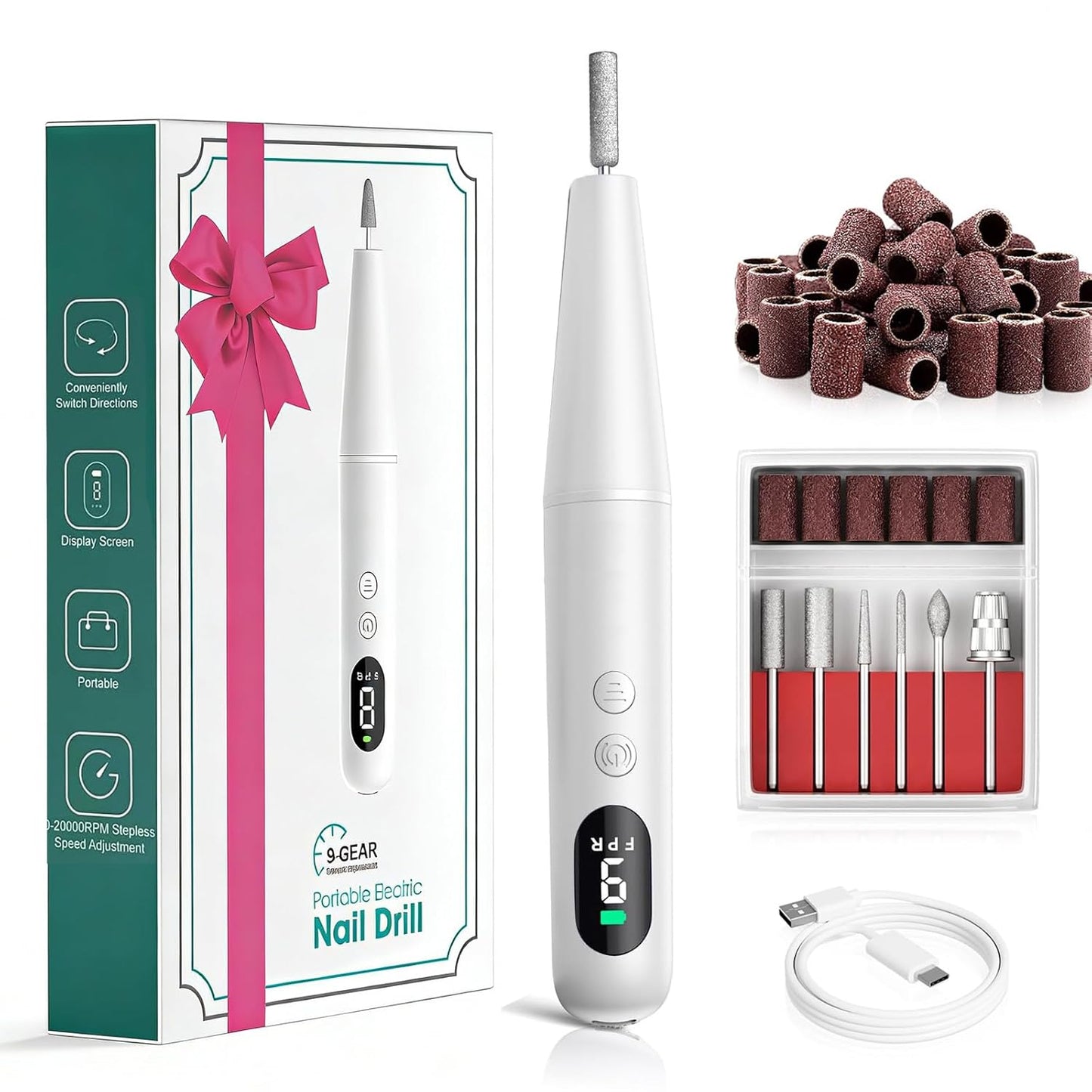 Professional Electric Nail Drill - Cordless Nail File with LED Display, 6 Bits & 26 Accessories for Gel/Acrylic Nails | White