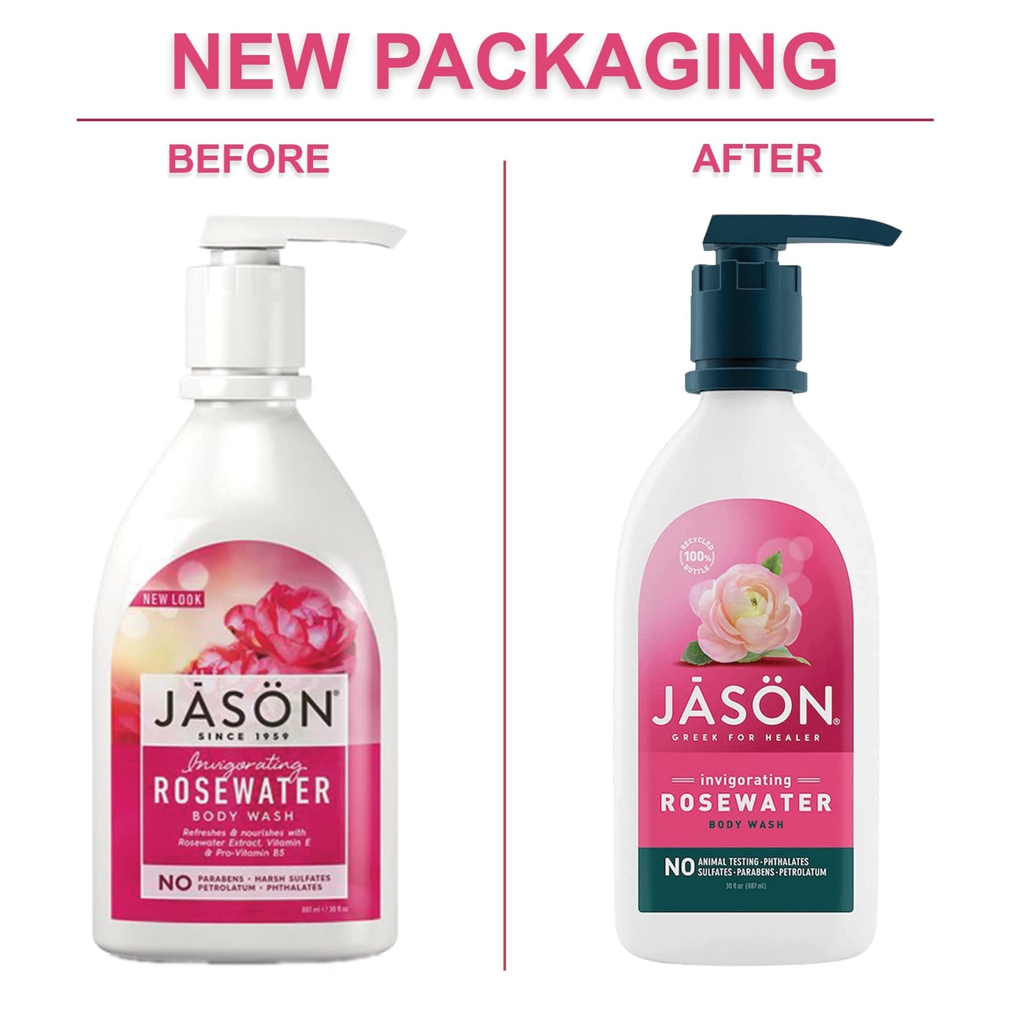 JASON Moisturizing Creme, Vitamin E 25,000, Age Renewal, 4 Oz (Packaging may vary) & Natural Body Wash & Shower Gel, Invigorating Rosewater, 30 Oz