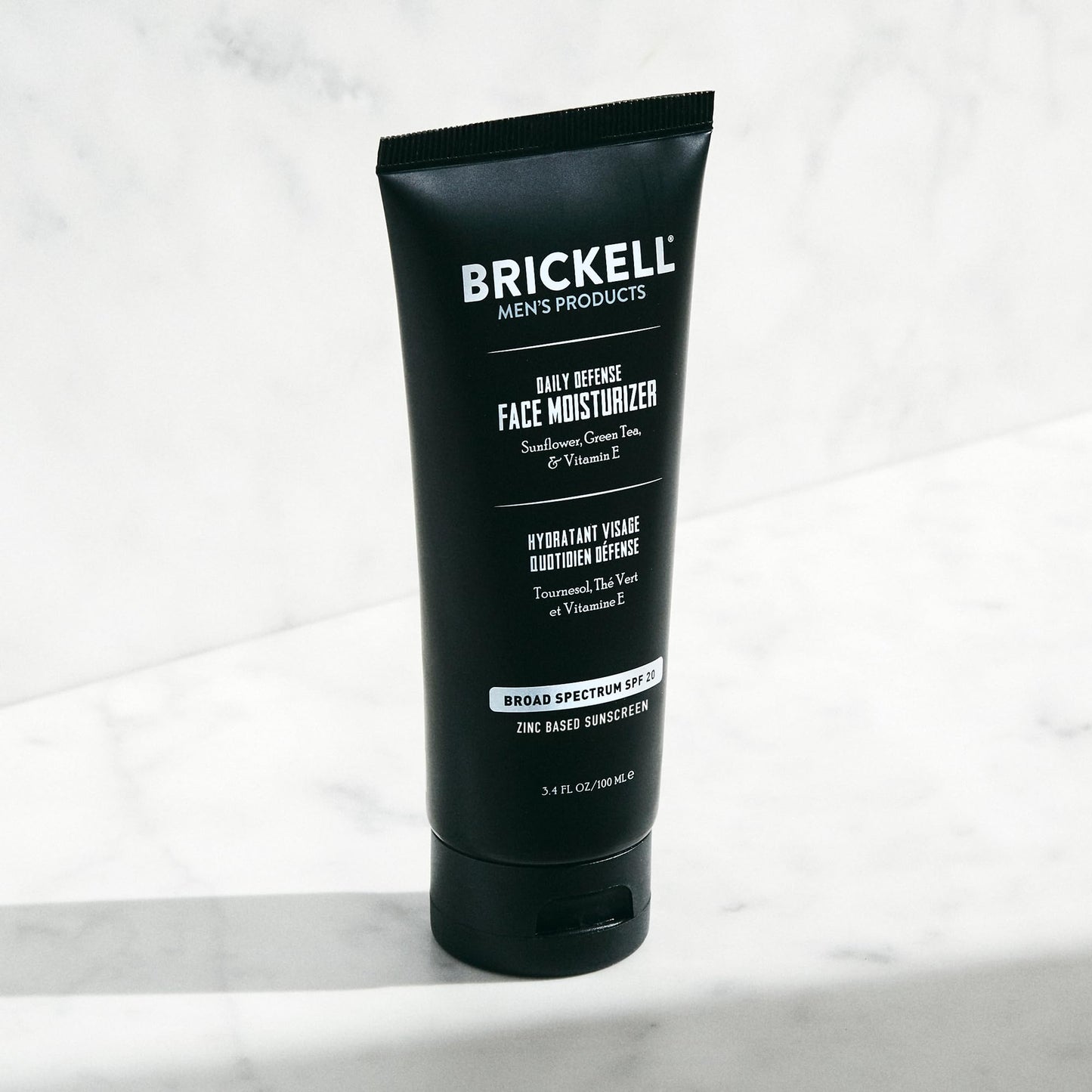 Brickell Men's Daily Defense SPF20 Face Moisturizer for Men, Moisturizing Mineral Sunscreen, Hydrates & Protects Skin Against Harmful UVA/B Rays, With Zinc, Green Tea, & Vitamin E, 3.4oz, Unscented