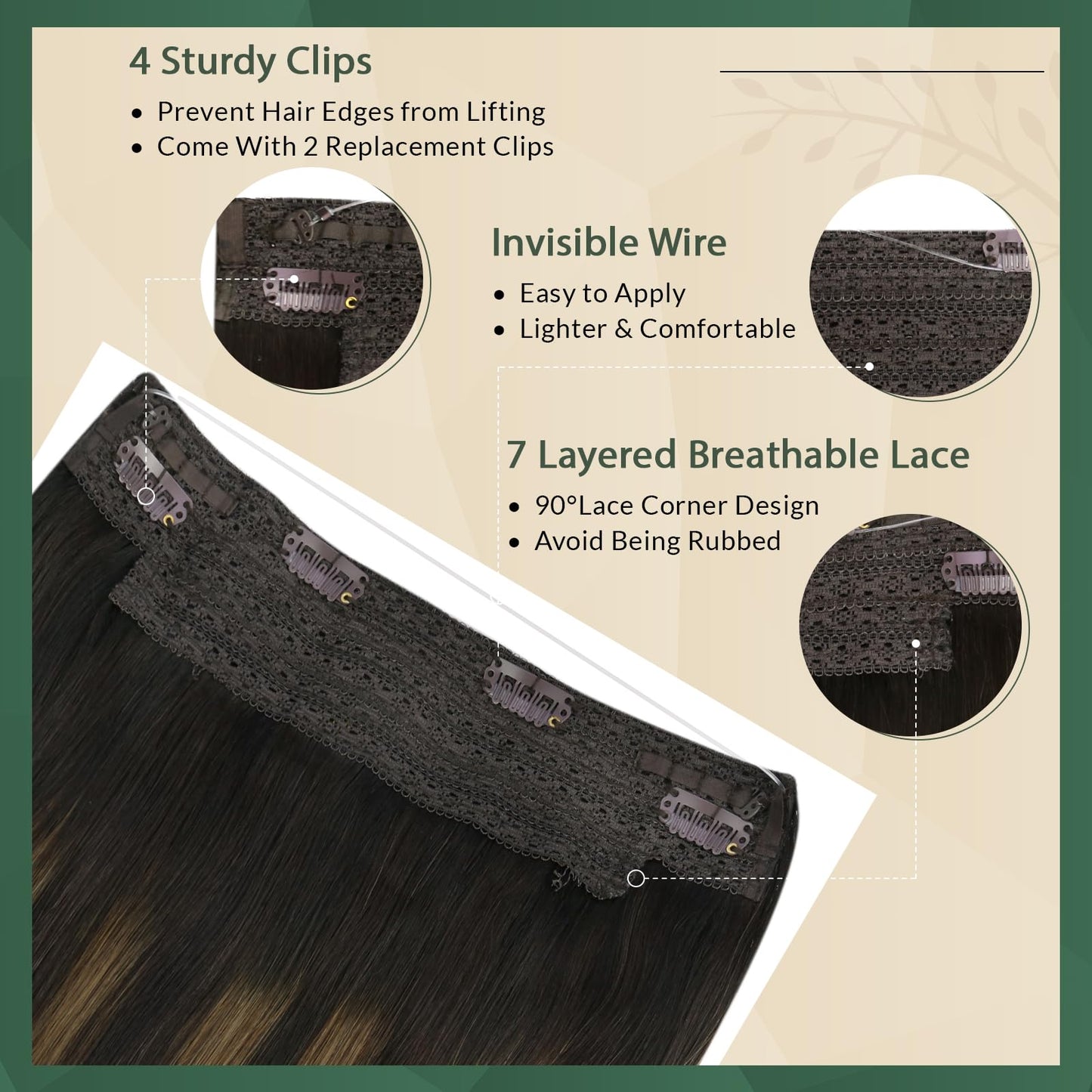 Ugeat Invisible Wire Hair Extensions Dark Brown Balayage Human Hair Extensions Invisible Wire Balayage Medium Brown Ombre Invisible Fish Line Hair Extension for Women Straight Hair 70g 14 inch