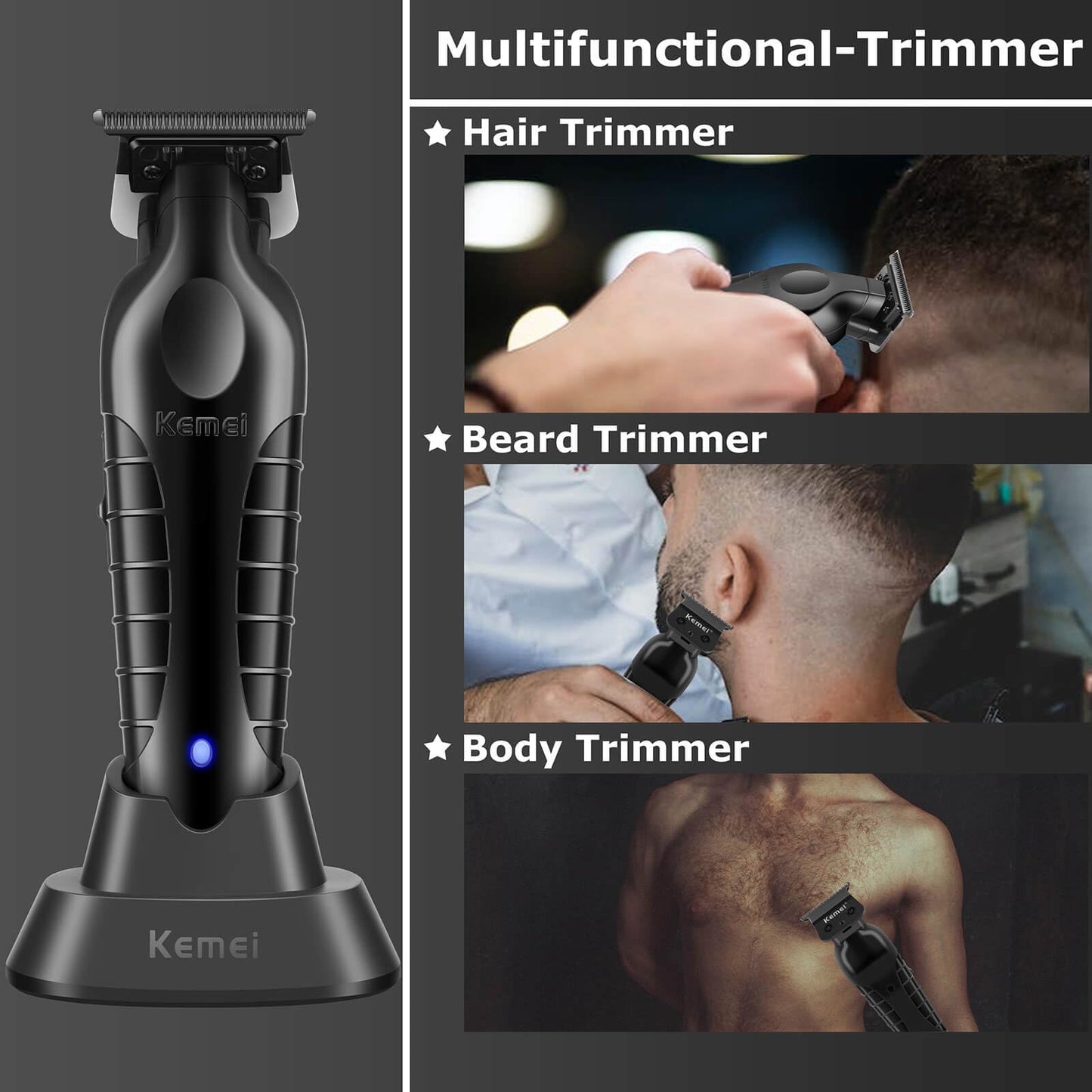 KEMEI PG2299 Hair Trimmer for Men with Charging Dock, Professional Cordless T-Blade Clippers for Edging & Lining, Barber Zero Gap Trimmers, USB Rechargeable Kit with Storage Base (Black)