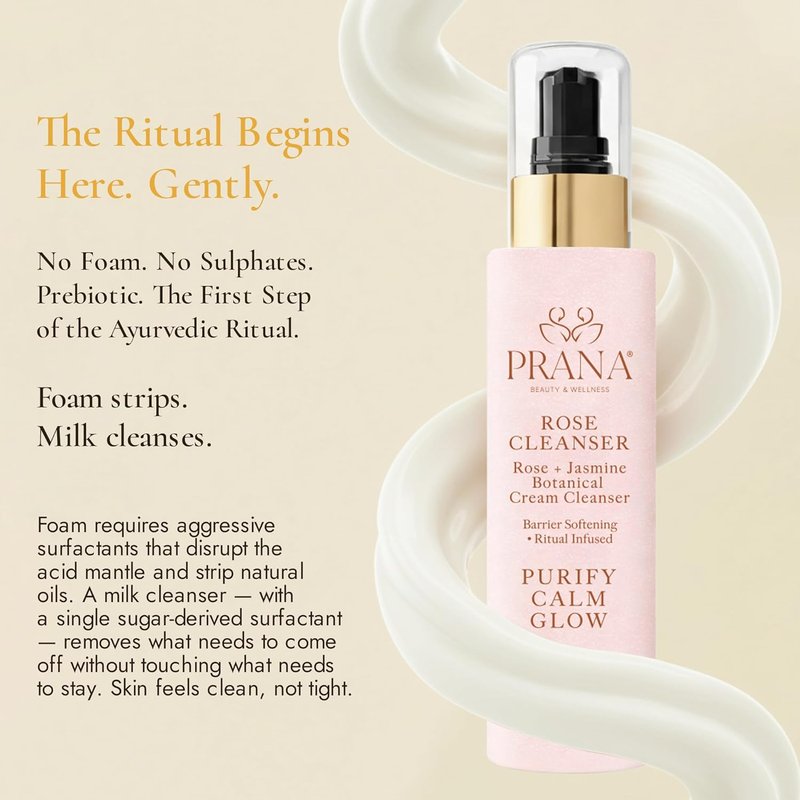 PRANA Rose & Jasmine Facial Cleanser - Natural Ayurvedic Face Wash with Jojoba & Cucumber | Anti-Aging & Brightening 100ml
